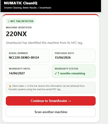 NFC machine identification with model, serial, purchase date and warranty